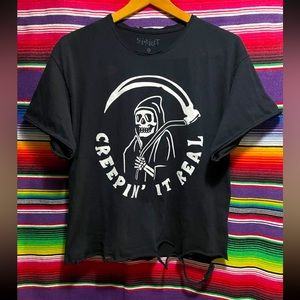 Creepin It Real Raw Edged Distressed Grim Reaper Crop Top T- shirt Tee Large L